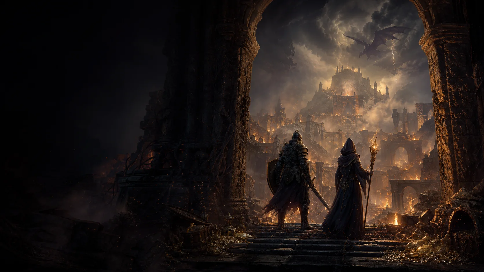 Two original fantasy adventurers face a firelit citadel through a ruined stone arch.