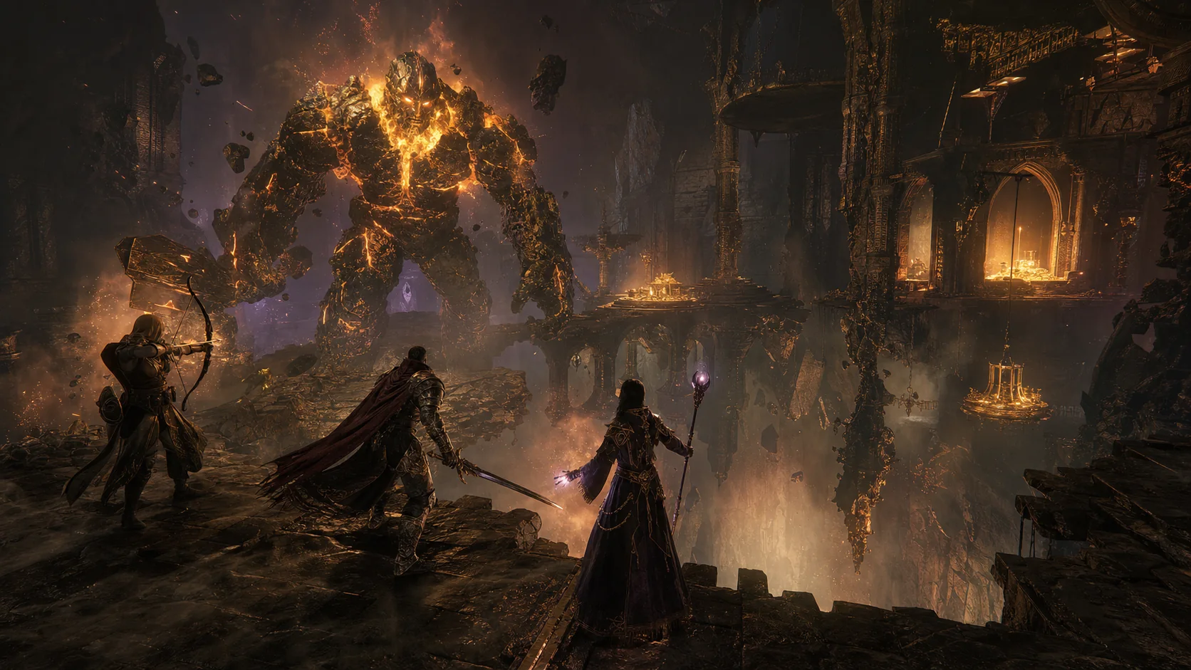 Three original adventurers confront a massive stone and fire guardian in a fractured underground vault.