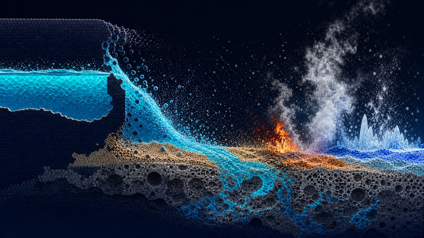 Cyan cellular liquid breaks through terrain toward fire, steam, and crystalline ice.