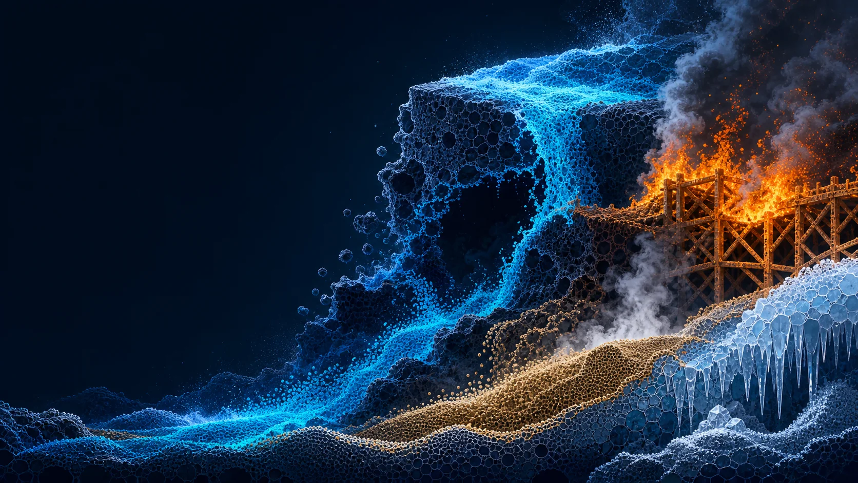 Cellular water, sand, fire, steam, ice, and destructible terrain interact in a technical side-view world.