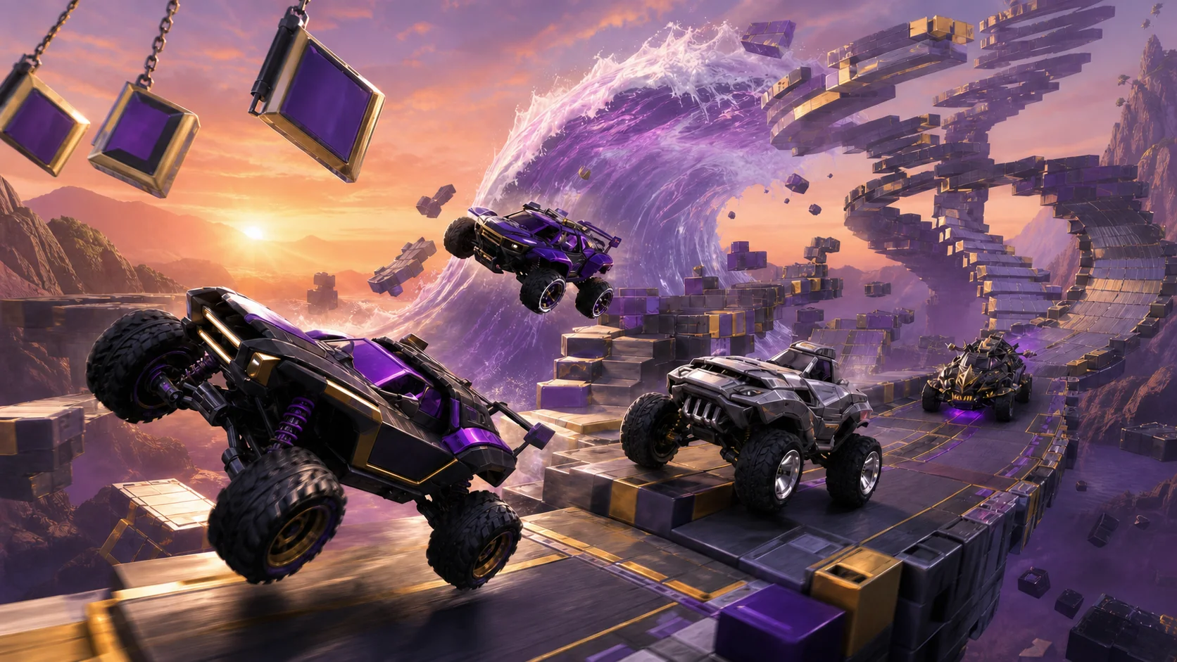 Original off-road vehicles jump through modular obstacles as a huge violet wave crosses the course.