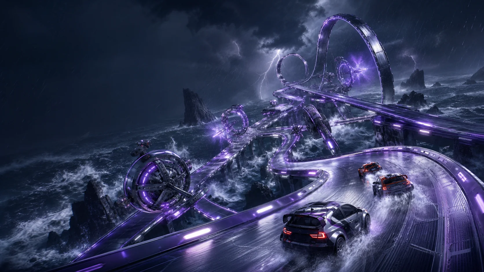 Fictional rally cars race over a silver and violet procedural course above a stormy ocean.